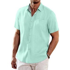 Men's Casual Linen Shirts Short Sleeve Button Down Shirt Summer Beach